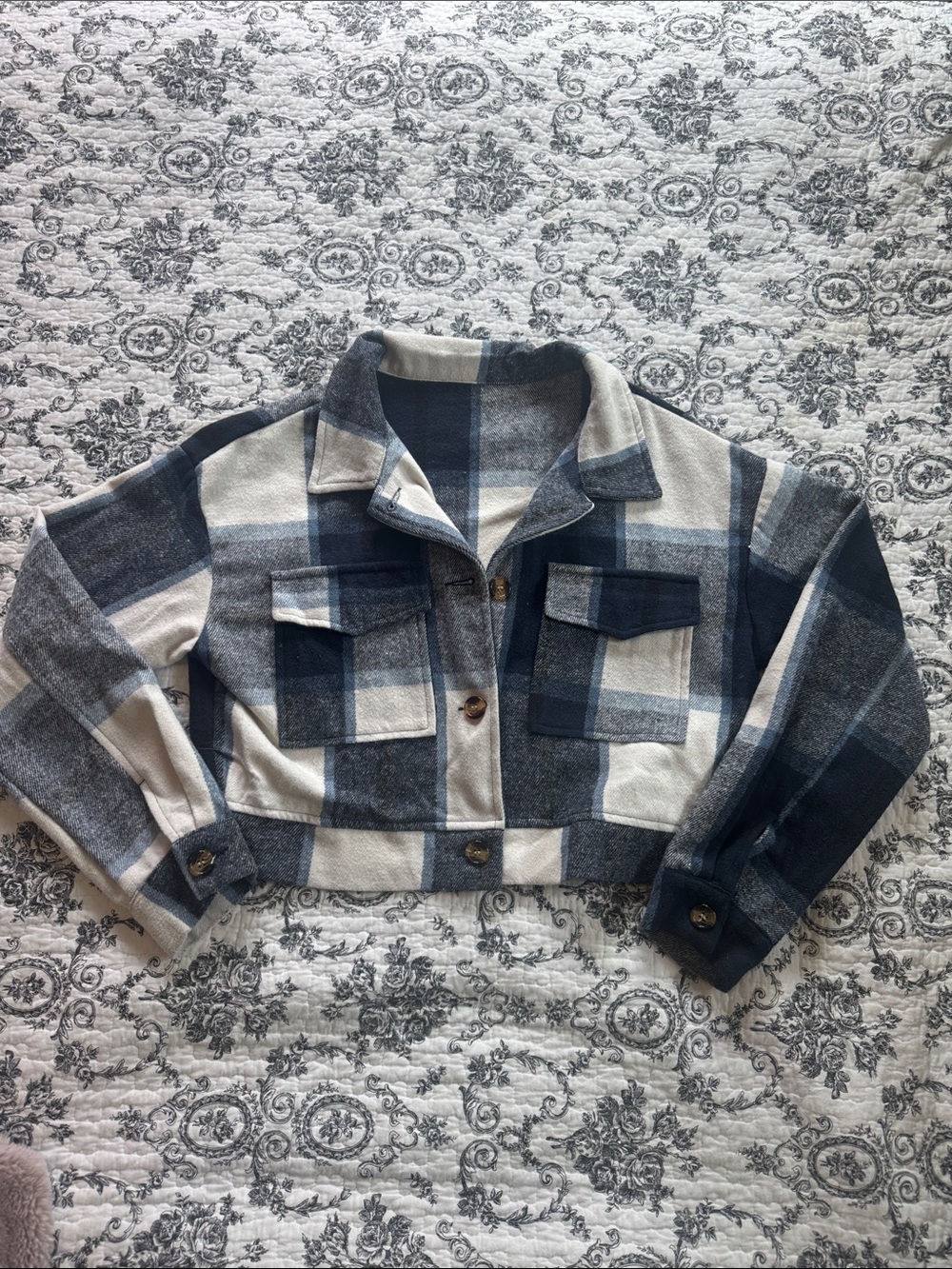 Cropped Plaid Button-Up Jacket in Navy and Cream